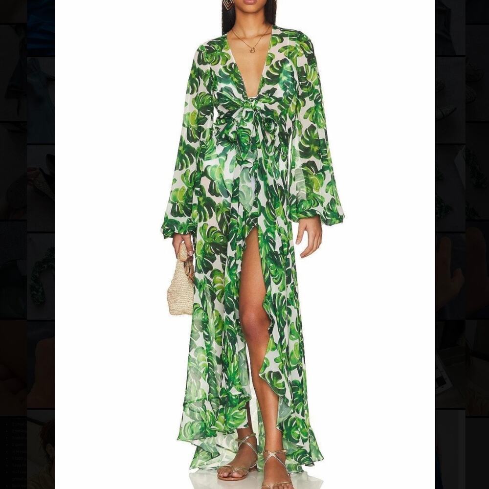 NWOT $650 NEW Caroline Constas Charlize Coverup White Green Palm Leaf Dress